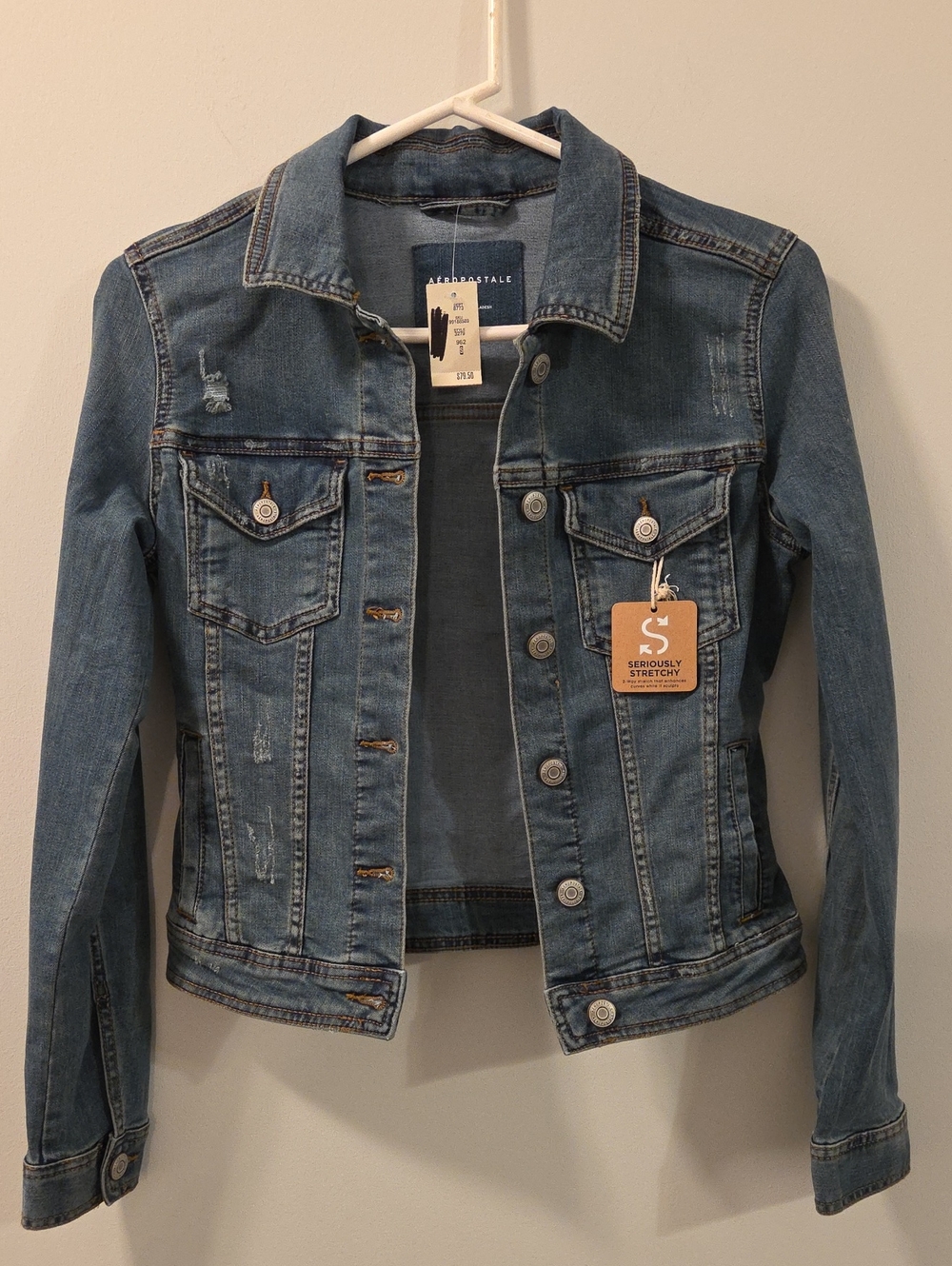 NWT Aéropostale Seriously Stretchy Distressed Denim Jacket - Medium Wash